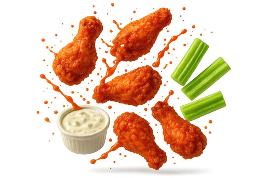Delicious spicy buffalo chicken wings with celery and dip, on transparent background