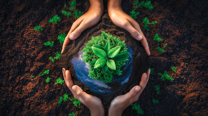 Hands form a circle around a young tree thriving in moist soil. Soft natural light illuminates the scene, creating a warm and hopeful atmosphere