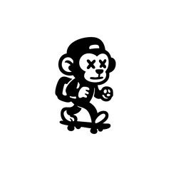A stylized black and white monkey figure, wearing a cap, is skateboarding