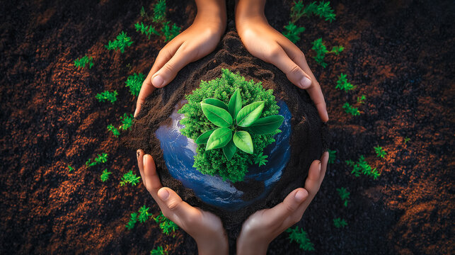 Hands form a circle around a young tree thriving in moist soil. Soft natural light illuminates the scene, creating a warm and hopeful atmosphere - Powered by Adobe