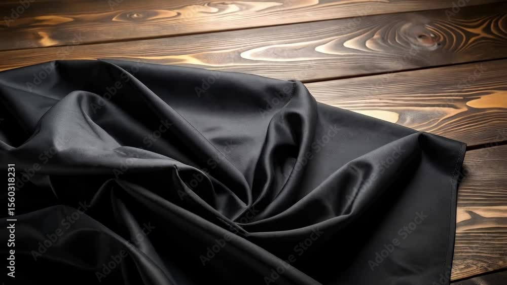 Poster elegant black satin fabric draping on a rustic dark wooden table surface creating soft folds and hig