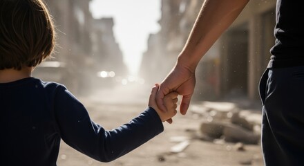 Parent Holding Childs Hand in City Street with Blurred Urban Background