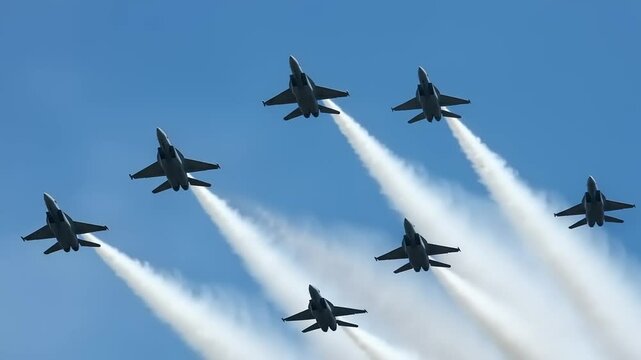 Aerial display of fighter jets performing synchronized maneuvers against a clear blue sky