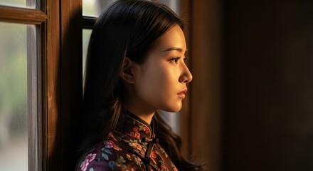 Pensive Young Asian Woman in Floral Qipao Dress Looking Out Wooden Window with Soft Lighting