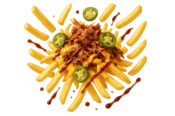 Tasty french fries with pulled pork, cheese, and jalapenos on transparent background.