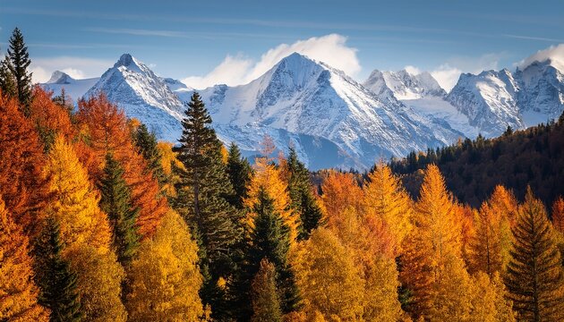 autumn forest with the snowy mountains zoom in