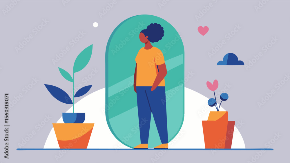 Poster a person standing in front of a mirror saying positive affirmations and practicing selfcompassion as