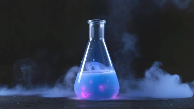 Chemical reaction in laboratory flask with colorful liquid and smoke  