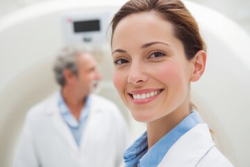 Fototapeta premium Smiling Female Doctor in Medical Setting with Colleague in Background.