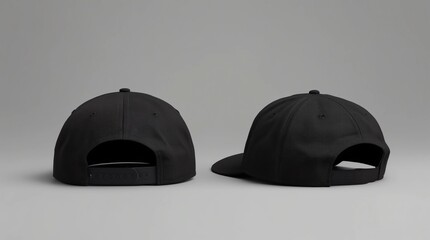 Black snapback caps mockup on a grey background, front and back side 