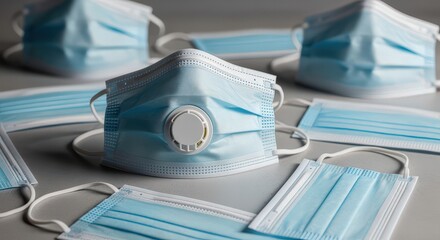 Blue Disposable Face Masks with Valve on Grey Background for Medical Protection and Health Safety
