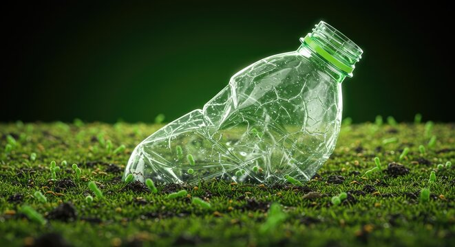 A broken plastic bottle rests on a bed of moss and soil.  Dark green background