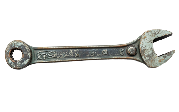 Worn out old adjustable wrench with patina finish showing years of use and vintage mechanical charm isolated on transparent background PNG