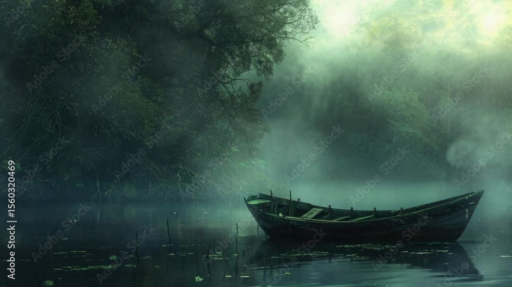 Poster a peaceful scene of a boat floating on a lake, surrounded by lush trees