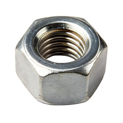 Close up of a silver metal hexagonal nut with internal threads isolated on a transparent background hardware