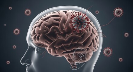 Human Brain Attacked by Virus Cells Conceptual Medical Illustration