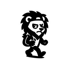 A stylized black and white illustration of a walking lion with crossed-out eyes