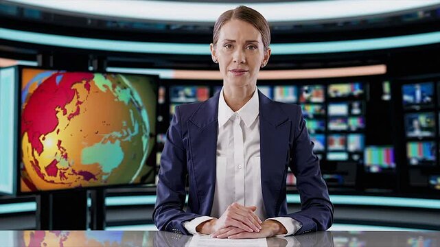 Seamless Loop video of Live news presenter in navy suit seated at modern newsroom desk,Generative AI