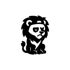 Black and white stylized illustration of a sad-looking lion