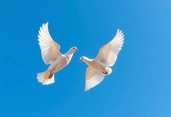 Pair of white doves in flight against a clear blue sky, symbolizing peace and love,  animal,  wings