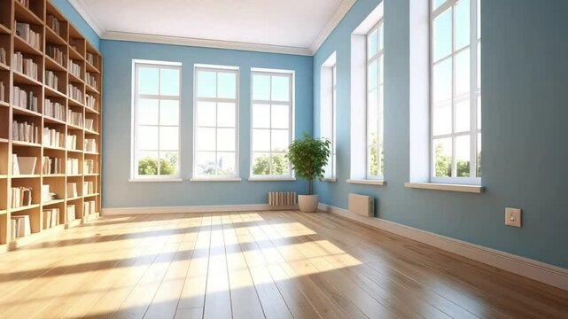 Sunlit Library Room Design: Bookshelves, Blue Walls, Wooden Floor