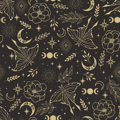 Magic seamless pattern. Boho magic background with space elements stars, butterflies.