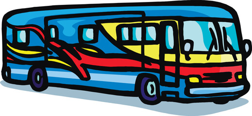 motorhome or RV bus, featuring a striking combination of blue, yellow, and red with dynamic swoosh designs. The vehicle has multiple windows and a large windshield, ideal for depicting travel, freedom