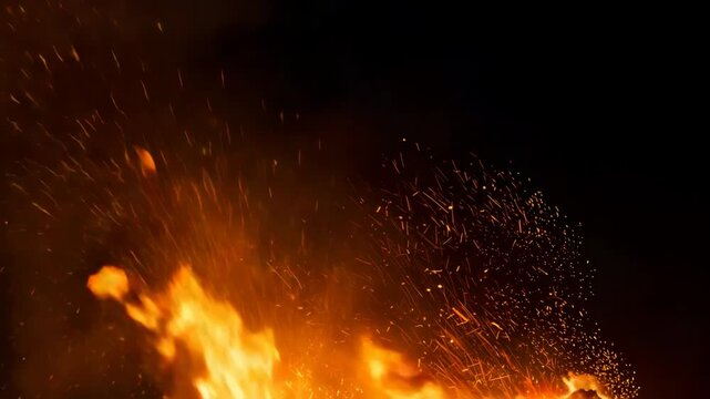 Dynamic Fire Display Intense Orange Flames on a Black Backdrop with Golden Sparks and Warm Light