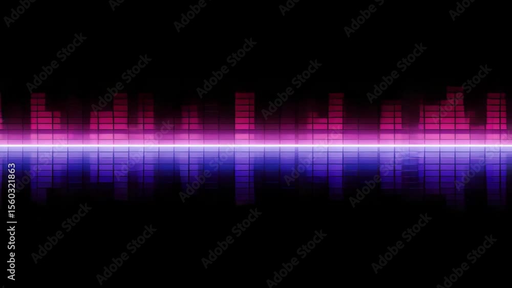 Poster dynamic graphic equalizer display with pink and purple bars reflection on dark surface