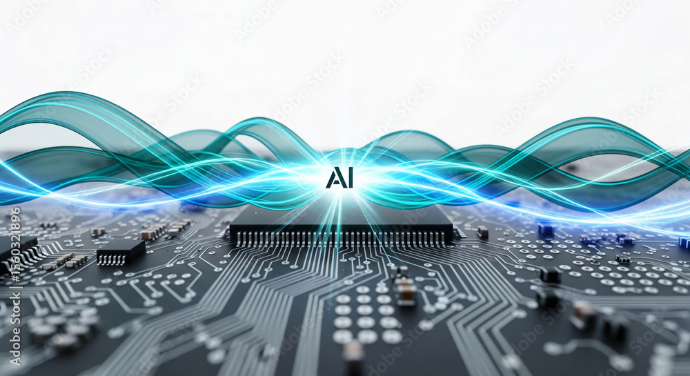 Poster abstract image of circuit board with ai symbol, overlaid with flowing teal energy waves, symbolizing