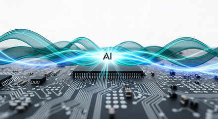 Abstract image of circuit board with AI symbol, overlaid with flowing teal energy waves, symbolizing artificial intelligence, technological innovation, and digital progress