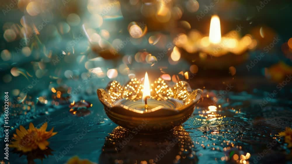 Poster a single lit candle sits on the surface of a calm puddle of water