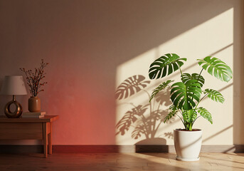Modern Interior Corner with Sunlit Monstera Plant Casting Leaf Shadows on Beige Wall