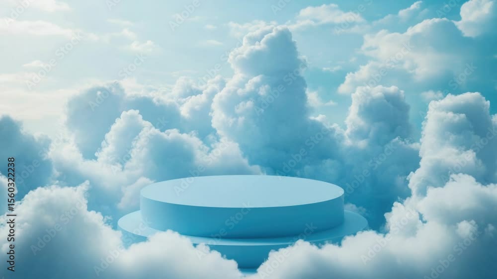 Poster A round platform floating in a cloudy sky with blue and white clouds