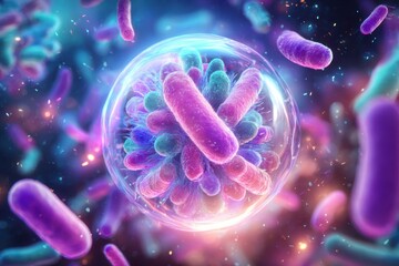 Fototapeta premium Colorful Bacteria and Cells Under Microscope in Science Conceptual Background.