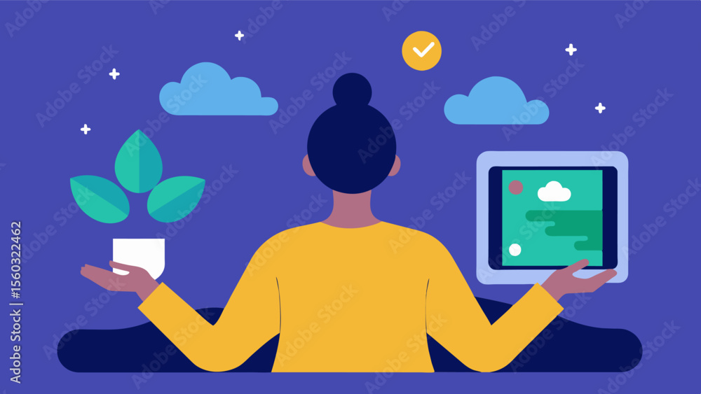 Poster a person with anxiety uses a relaxation and meditation app on their touchscreen which guides them th