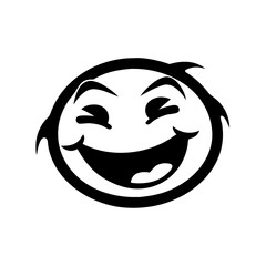 Black and white graphic of a cartoonish laughing face