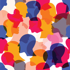 Seamless pattern of a crowd of many different people profile heads. Vector background.