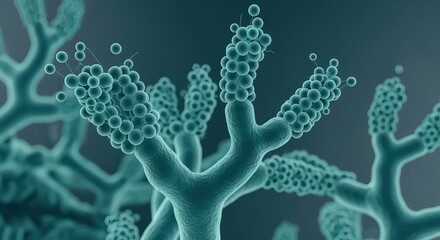 Teal Blue Green Microscopic Organism with Spore Like Structures in Detailed Digital 3d Render
