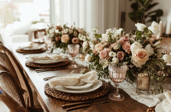 Elegant rustic wedding table setting with a stunning floral centerpiece, showcasing soft pastel hues and natural textures. - Powered by Adobe