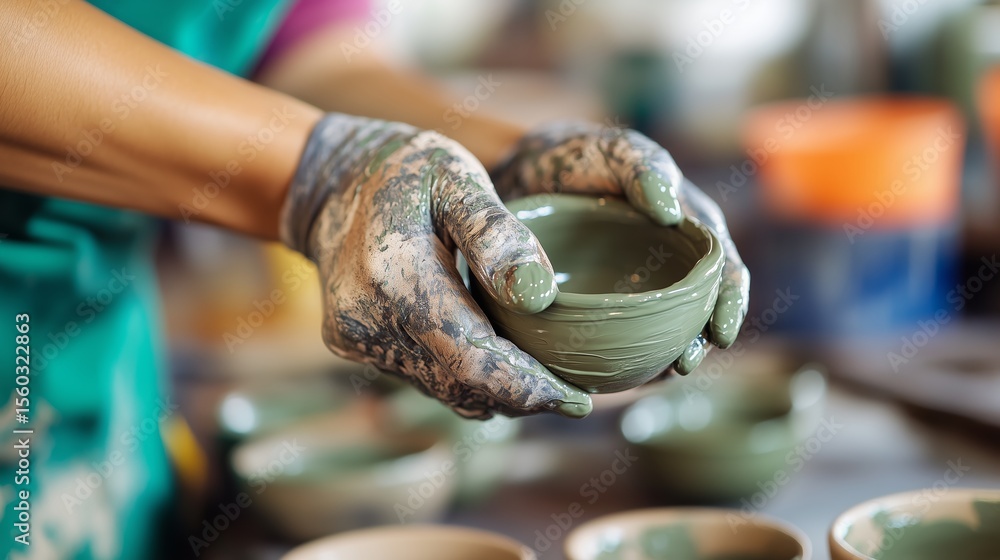 Poster creating handmade pottery bowls in a craft studio during a pottery workshop