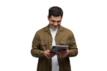 Smiling man enjoying digital content on tablet while wearing casual attire in a bright, transparent...