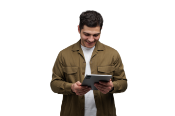 Smiling man enjoying digital content on tablet while wearing casual attire in a bright, transparent background