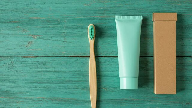 Eco Friendly Bamboo Toothbrush and Turquoise Toothpaste Tube on Wood Texture