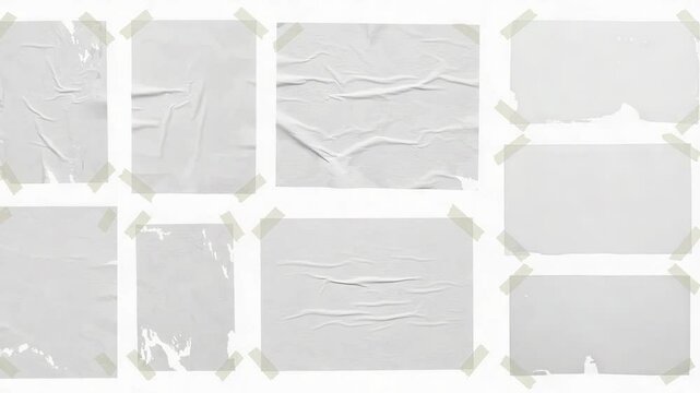 Eight White Crumpled Torn Papers Attached with Masking Tape Isolated on White Background Showing a Variety of Textures and Aged Look