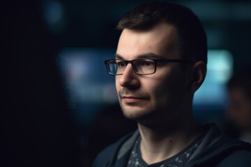 A man wearing glasses is looking at the camera