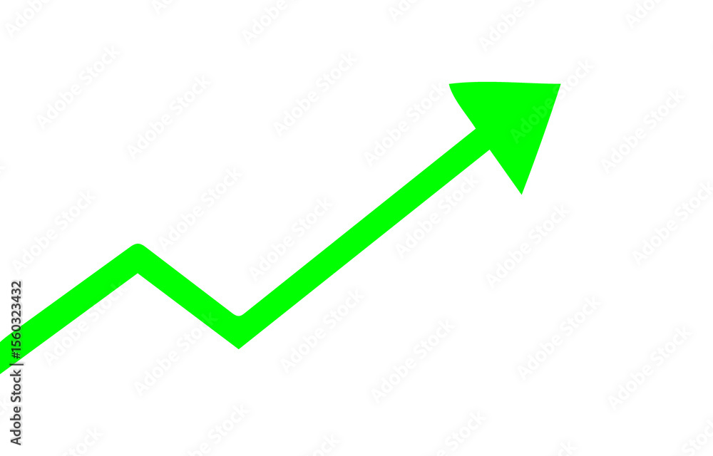 Poster bright green upward arrow with zigzag path indicating growth and progress on transparent background 