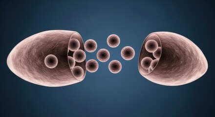 Microscopic Brown Capsule Splitting Open Releasing Small Spheres on a Dark Blue Background 3d Scientific Illustration Concept