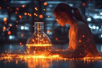 Futuristic Science Lab with Digital Chemistry Experiment and Holographic Interface