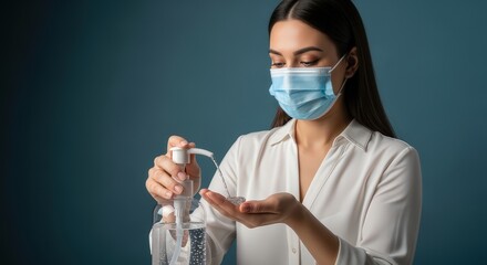 Young Woman Wearing Blue Face Mask Dispensing Hand Sanitizer on Plain Blue Background